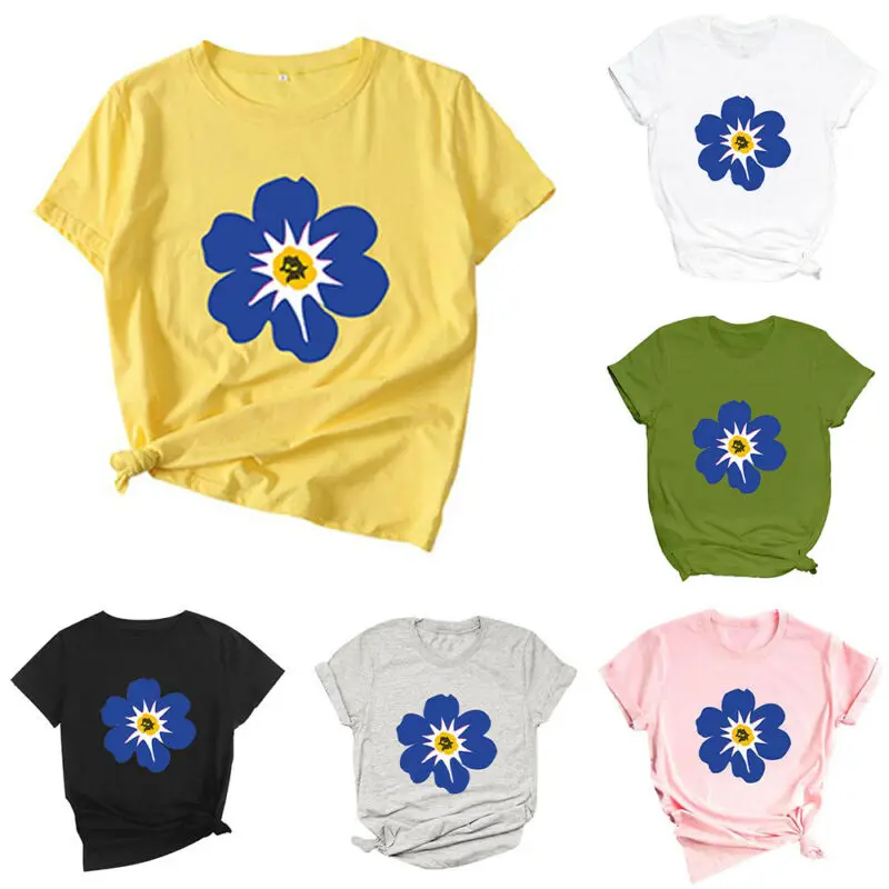 

Ladies Casual Summer Floral Print T-Shirt Comfort Crew Neck Short Sleeve Tops UK