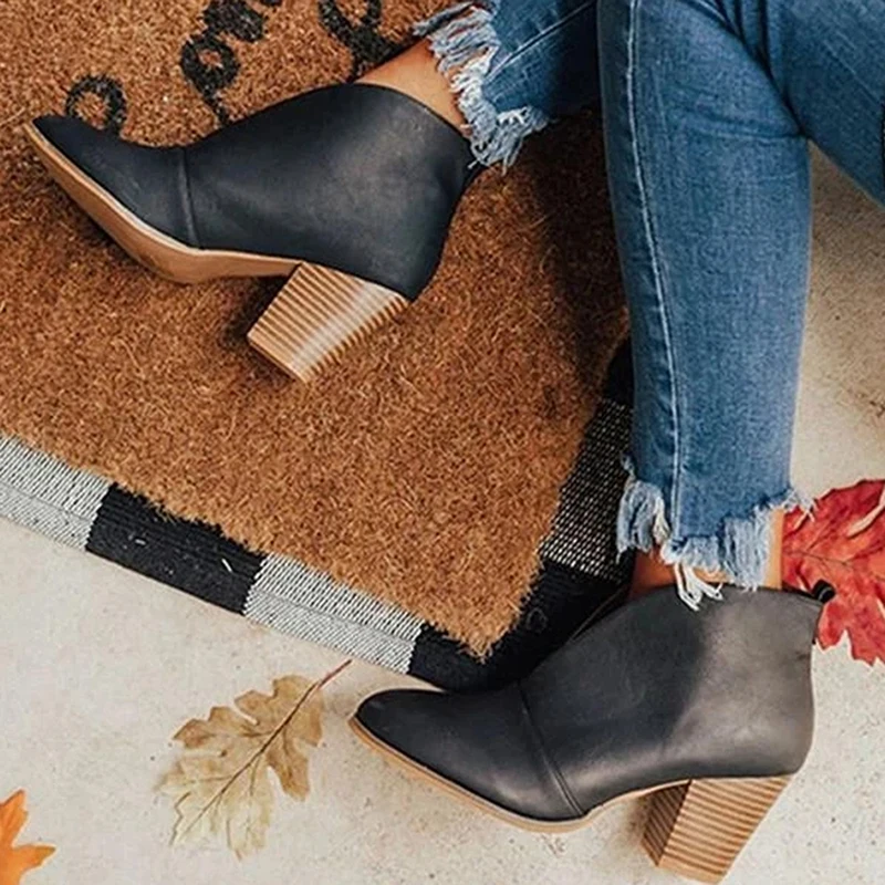 

2020 New Winter Women Boots V Cutout Ankle Boots Stacked Heel Booties Fahsion Chelsea Boots PU Botas Zapatos Mujer SIze 35-43