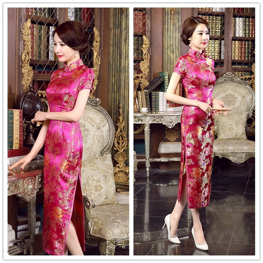 Женское атласное платье-Ципао длинное вечернее платье в стиле ретро с