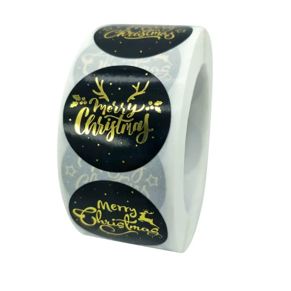 

500pcs 1Inch 1.5 Inch Big Size Black Gold Stamp Merry Christmas Stickers Chrome Paper Round Seal Label Sticker Festival Gift