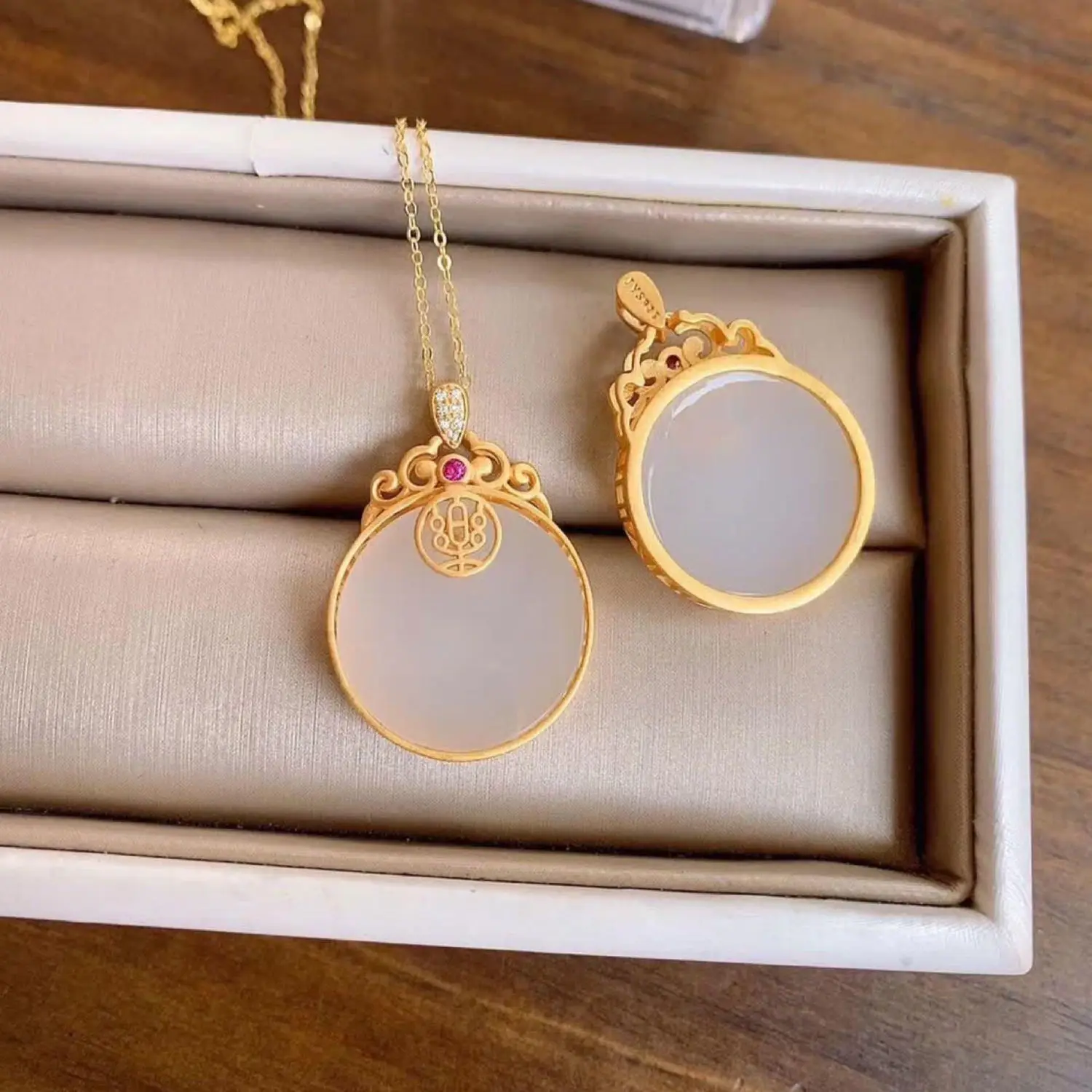 

2021 hot new style Gold Plated Natural Hetian Jade Gray Jade round Brand Lucky Pendant Safe Joy Simple Ladies' Pendant