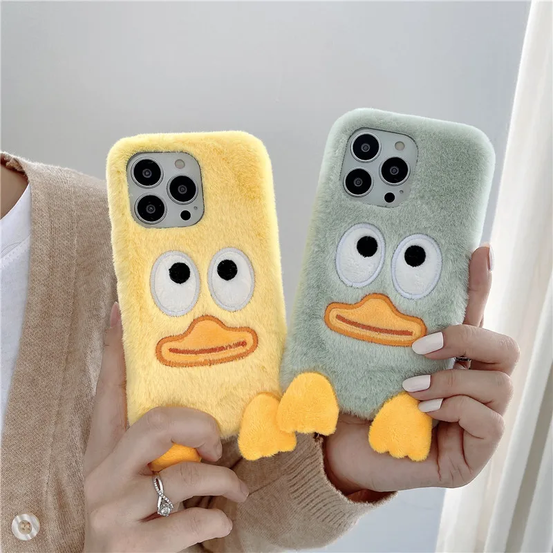Теплый плюшевый чехол для телефона iPhone 13 mini 11 12 Pro XS Max XR X милый пушистый с утиным
