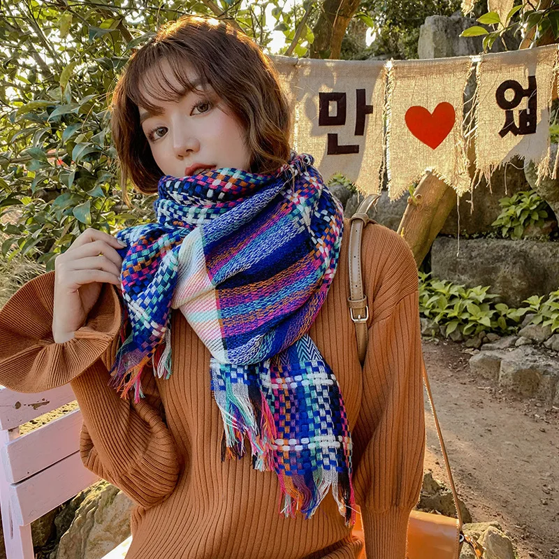 

Korean Colorful knitted scarf women INS wild thickened cashmere scarf women autumn winter warm shawl Myrtle Store