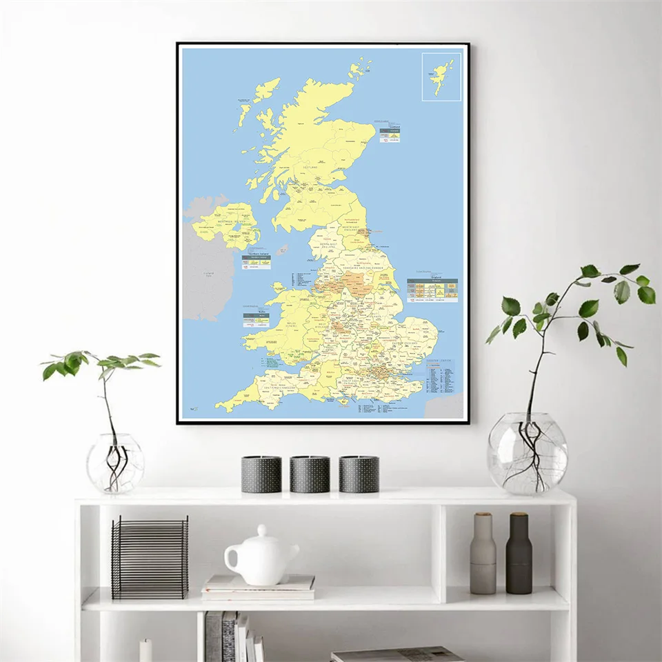 

59*84cm The UK Detailed Regions Map Wall Art Poster Canvas Painting Living Room Home Decoration Travel School Supplies
