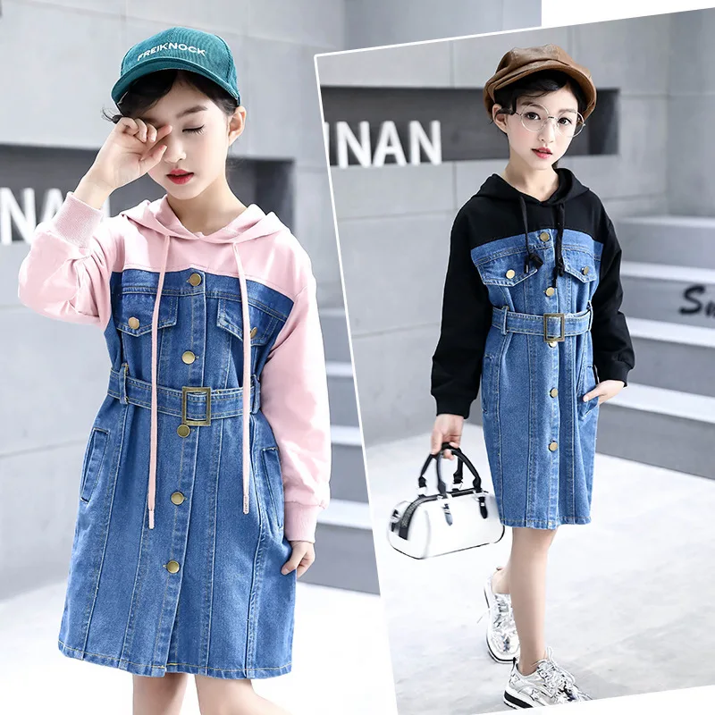 

7 9 10 Years Girls Dress 2021 Spring and Autumn New Korean Children's Cowboy Hooded Splicing Princess Skirt Clothes 7T 8T 9T 11T