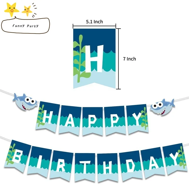 Акула тема День рождения баннер торт Топпер воздушные шары синие латексные - Фото №1