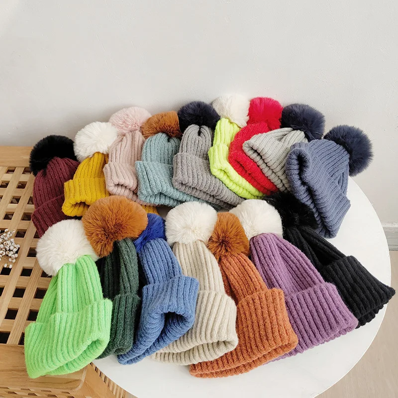 

2-5Years Old Children Knitted Beanies For Boy Girl Casual Warm Hat Fur Pom Pom Winter Hats Baby Knitting Hat Outdoor Ski Caps