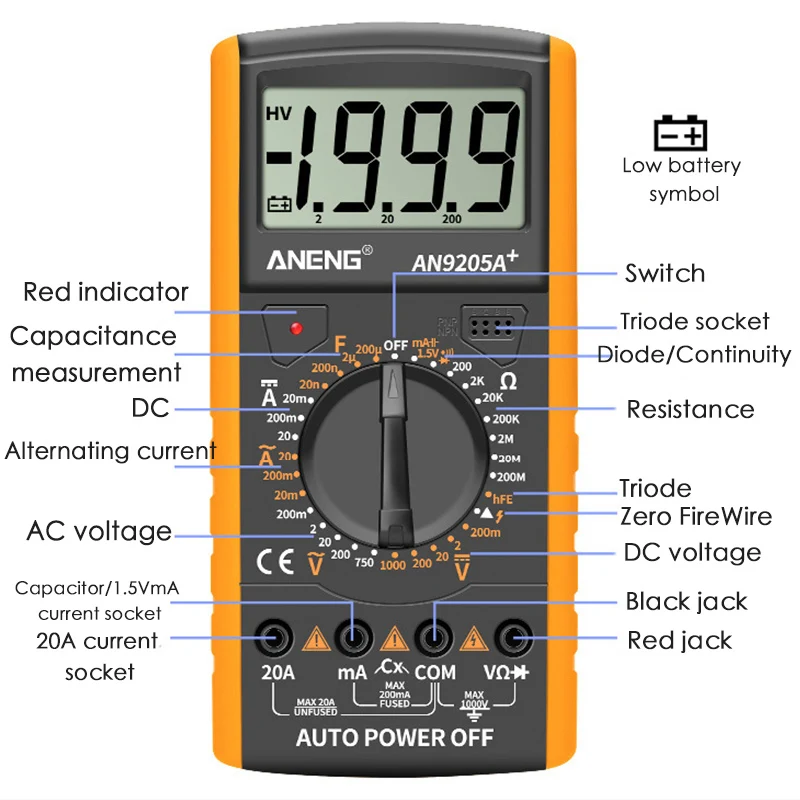 

AN9205A+ LCD Digital Multimeter Transistor Tester Capacitor Tester Mmultimeter Automotive Electrical Capacitance Meter Temp