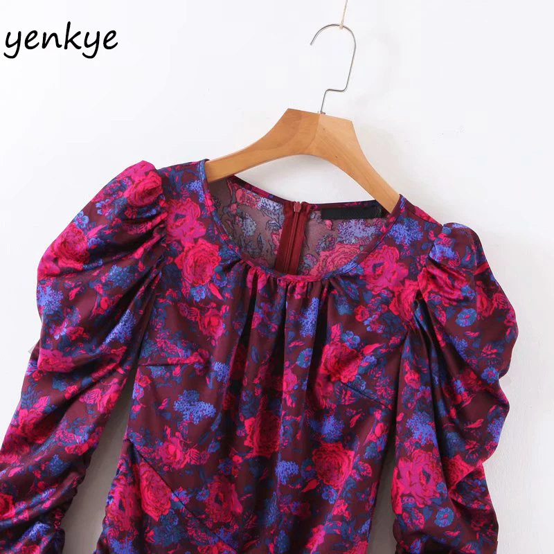 Женское шифоновое платье с цветочным принтом круглым вырезом и пышными