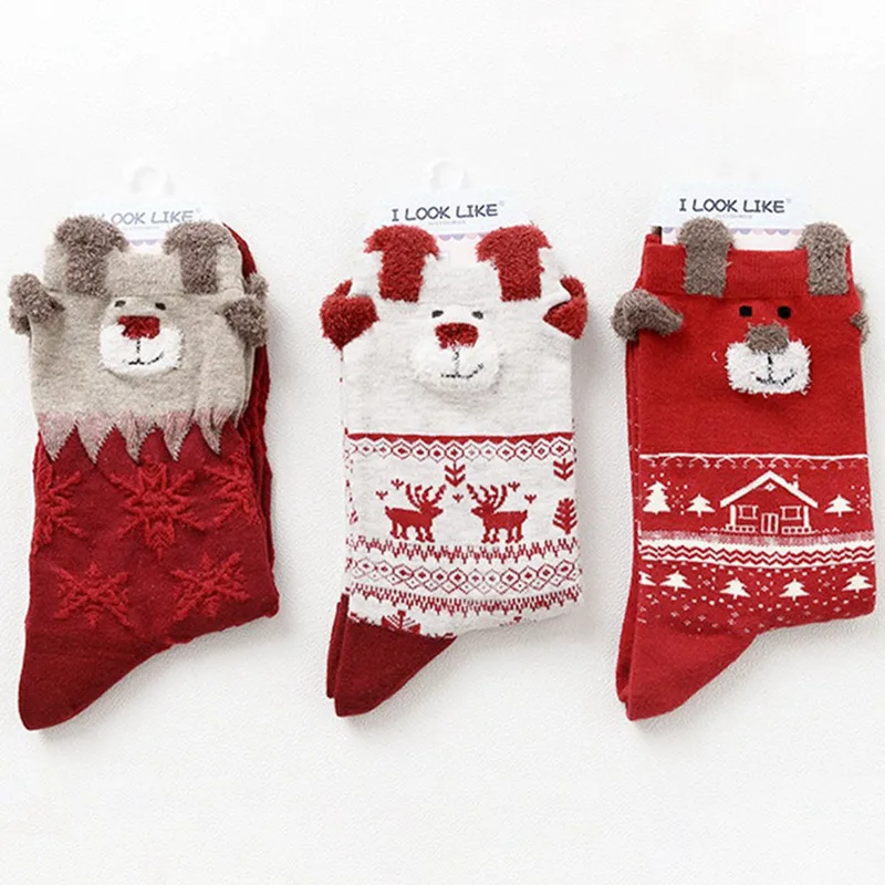 

Новые женские зимние теплые рождественские подарки; Объемные мягкие хлопковые носки милые Санта Клаус и оленями рождественские носки милы...