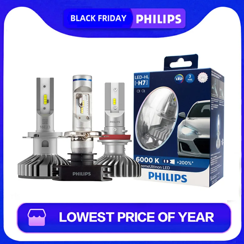 Светодиодная лампа Philips X-tremeUltinon светодиодный H4 H7 H8 H11 H16 HB2 HB3 HB4 9003 9005 9006 автомобилей головной светильник авто лампы 6000K белый 200% более яркий 2X