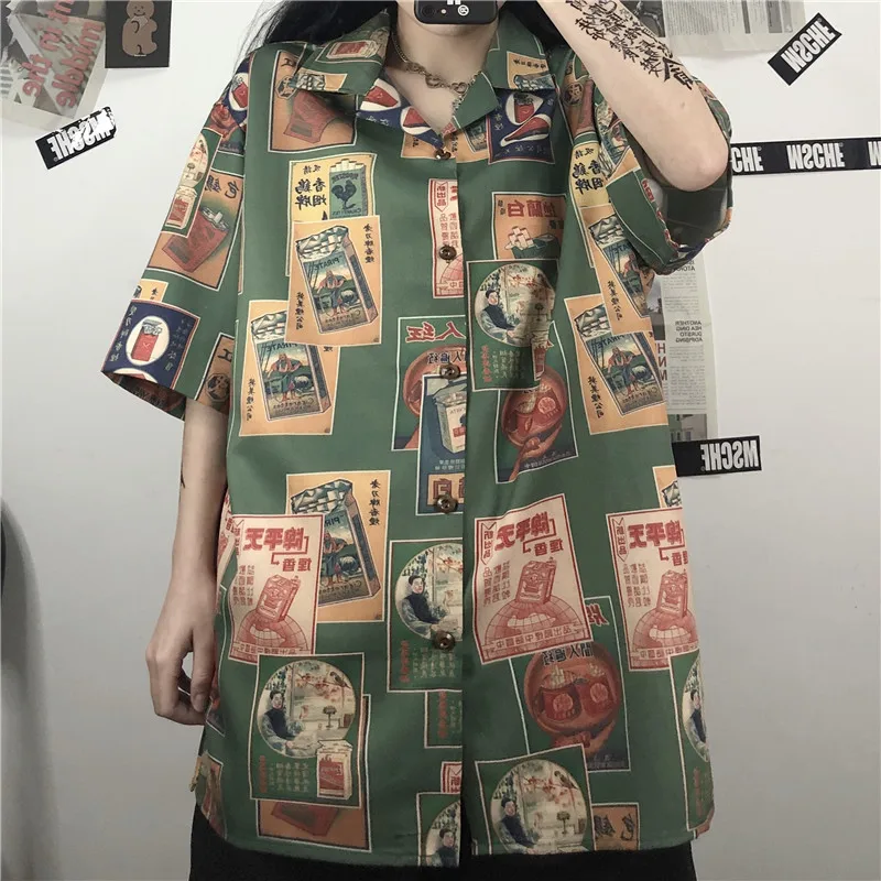 

Summer New Ins Harajuku Retro Kong Style Cartoon Printed Short-Sleeved Women's Street Casual Loose Shirt