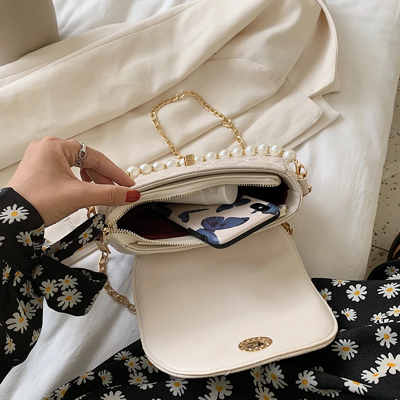 

French Style Diamond Lattice Lady Bag Fashion Pearl Handbag Temperament Wild Shoulder Chain Tide Bag Daily Diagonal Girl's Bag