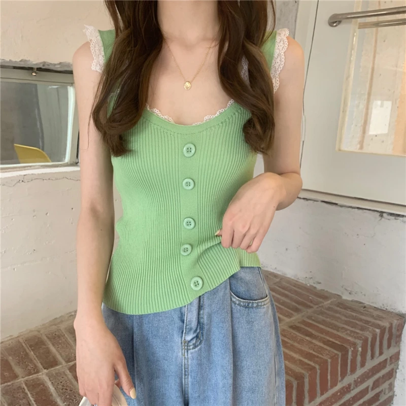 

New Sexy Lace Patchwork Knitted Tank Top Women Clothing Summer Fashion Brand Korean Slim Button Solid Crop Tops Sleeveless Camis