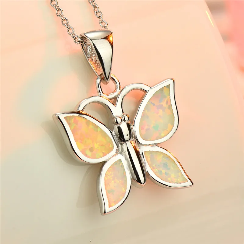

100% 925 Sterling Silver Butterfly Pendant Necklaces For Women Cute Animal Jewelry Vintage Fashion White Fire Opal Necklace Gift