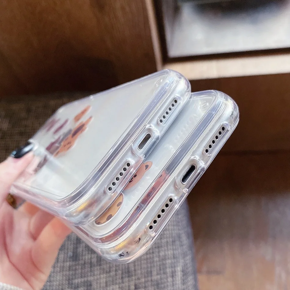 

Korean Float Biscuit Bear Phone Case For iPhone 12 11 Pro Max XR XS Max 7 8 Plus SE 2020 Sliding Blocks Transparent Back Cover