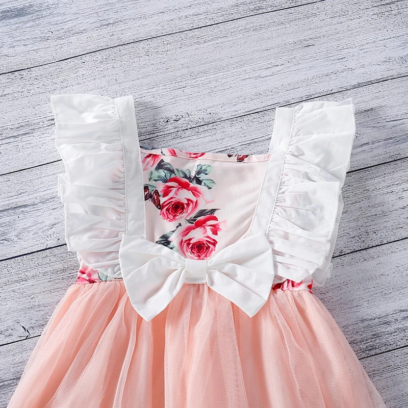

1-6T Cute Girl Princess Dress Baby Short Sleeve Casual Cotton Dresses Summer Floral Print Mesh Stitching Dress