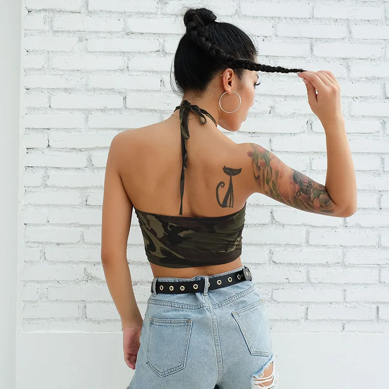 Женский сексуальный укороченный Камуфляжный топ на бретельках с открытой спиной