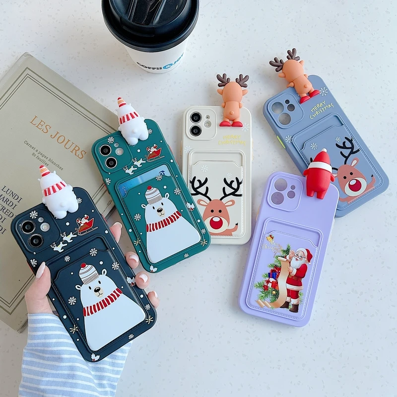 

3D Cartoon Merry Christmas Santa Claus Wallet Card Holder Soft Phone Case For iPhone 13 12 11 Pro Max X Xr Xs Max 7 8 Puls Cover