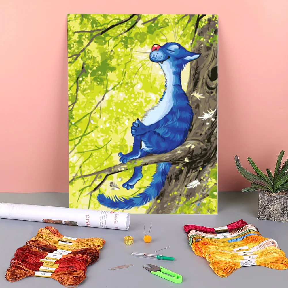 Комплект для вышивания крестом "Картинг синий белый кот, нанесенный на холст, 11CT" с нитками DMC, ручной работы, рисунок рукоделия, акции.