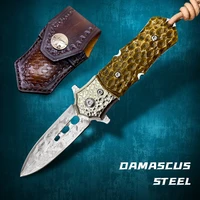 vg10 damascus steel mini folding blade cow bone handle outdoor camping portable survival hunting knife tactical edc tool