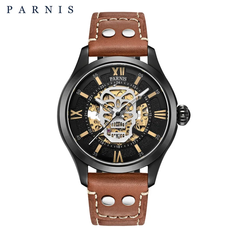 

Parnis 42mm Black Skull Design Luminous Dial Mechanical Men's Watches Sapphire Glass Automatic Watch Leather Strap With Box Gift