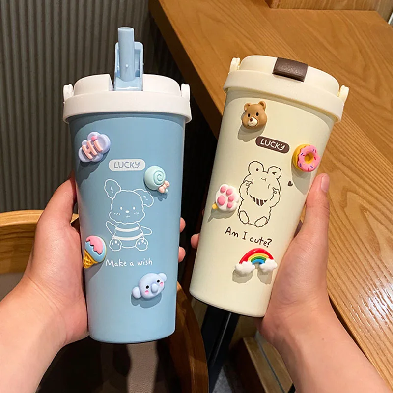 

Vacuum Flasks Water Bottle Straw Cup Stickers Summer Cold Insulation Hot Coffee Cups Cute 500ml Portable Travel To go Drinkware