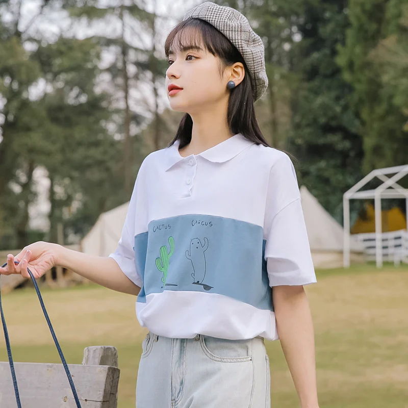 

Women's Khaki 2021 New Hong Kong Style White T-shirt Loose Japanese Style Cactus Stitching Short-Sleeved Polo Shirt Top