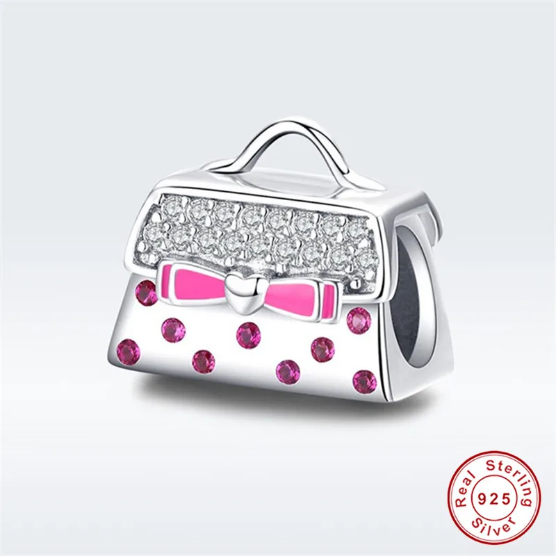 Браслет в Европейском стиле серебро 925 пробы оригинал CZ розовый бант сумочка бусы