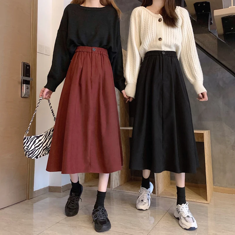 

Women's New Autumn and Winter High Waist Slim Mid-length A-line Skirt Korean Retro Umbrella Skirt Tooling Large Swing Skirt
