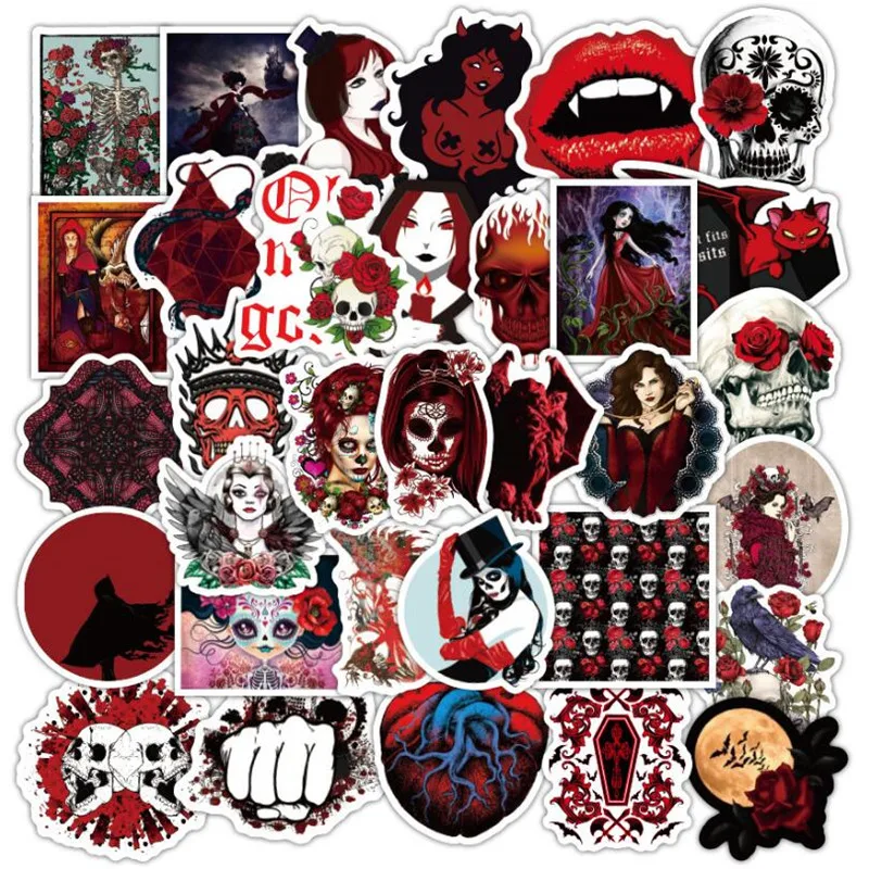 

10/30/50PCS Cartoon Horror Skull Gothic Dark Red Graffiti Sticker Notebook Waterproof Guitar Decoration Toy Wholesale