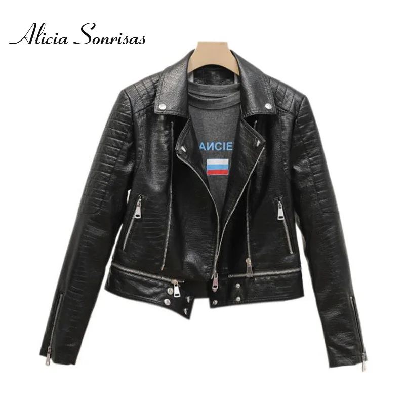 

Faux Leather Jacket Women Detachable Hem 2020 Sping AutumnNew Short Locomotive Crocodile Skin Texture Biker Coat AS20219