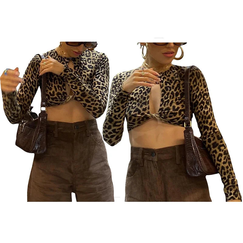 

Women Tshirt New Fashion Leopard Print Hollow Out Crop Top Stylish Long Sleeve Tops for Ladies Sping Wear T-Shirts