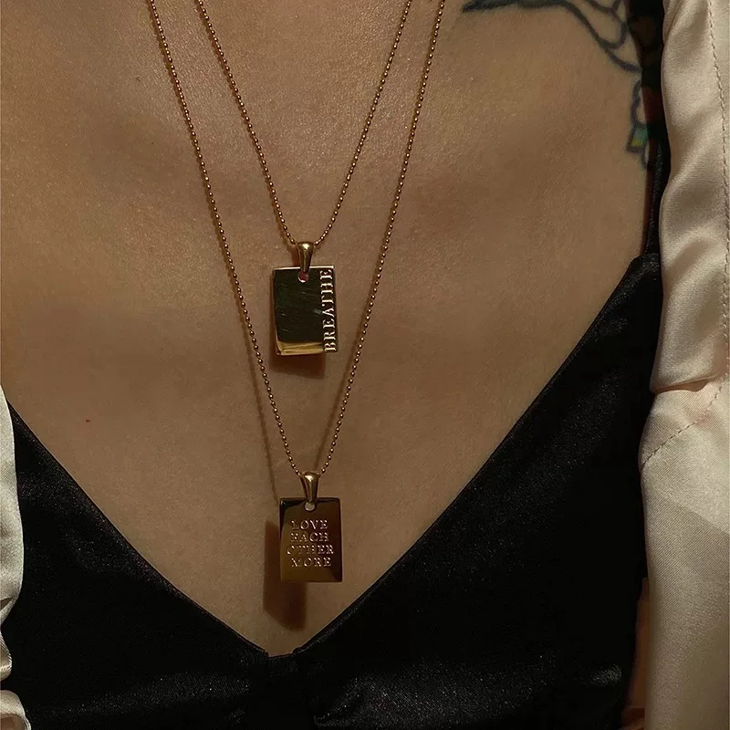 Gold Rectangle Letter Pendant Necklace Stainless Steel Engrave Nameplated Ball Link Chain Jewelry Vintage Party Choker |