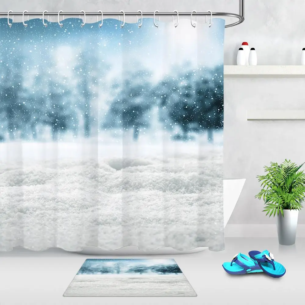 

Рождественская занавеска для душа с принтом заснеженного леса, зимняя занавеска для купания со снежинками, напольный коврик, водонепроница...