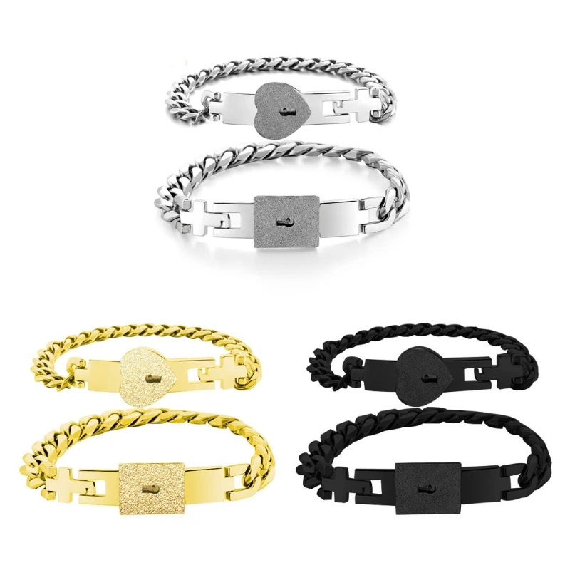 

2Pcs Silver Tone Stainless Steel Lover Heart Love Lock Bracelet with Lock Key Bangles Kit Couple Jewelry Sets Gift