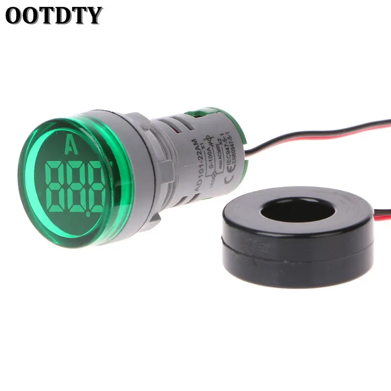 Зеленый 220V AC 22mm Digital Display Ampermeter Monitor Current Indicator Signal Light Ammeter Tester Measuring 0-100A Ampere Meter - Цвет: Зеленый