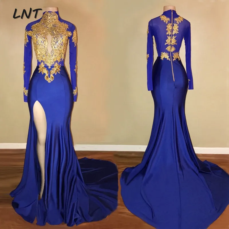 High Neck Royal Blue Prom Dresses with Slit Long Sleeves Slim Fit Gowns Gold Appliques Custom | Свадьбы и торжества