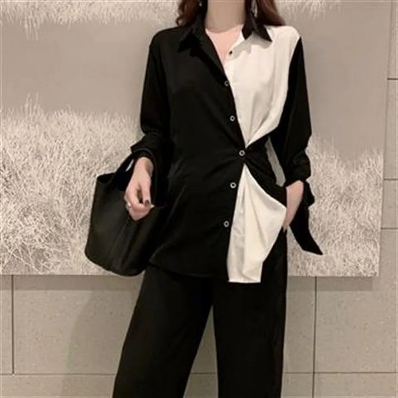 

Casual Chic Korea 2022 Light Luxury Sense Design Western Style Patchwork Shirt Women Blous Stitching Contrast Color Long-sleeve