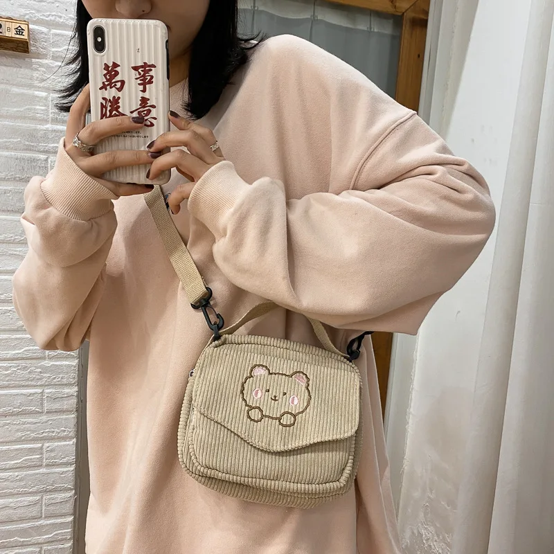 

Cartoon Bear Women Canvas Bag Japanese Style Student Tote Shoulder Messenger Bag Small Corduroy Bag Satchel Travel Purse Handbag