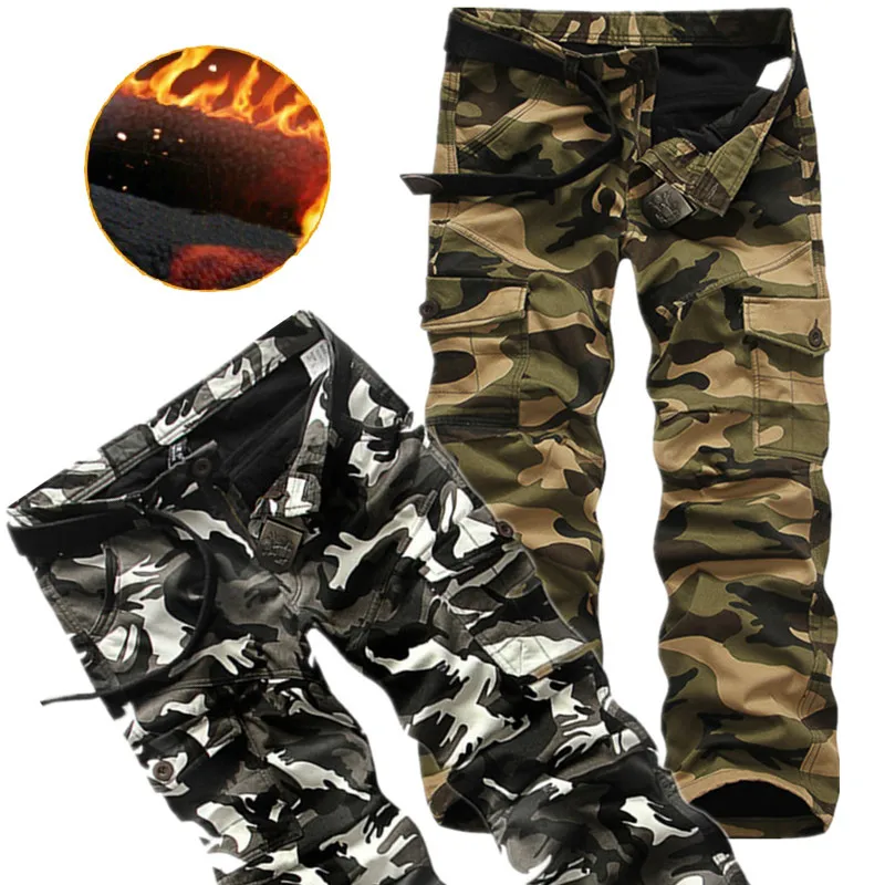 

Mens Winter Pants Fleece Warm Cargo Pants Men Casual Pockets Fur Trousers Military Camouflage Pants Loose Baggy Jogger Worker 40