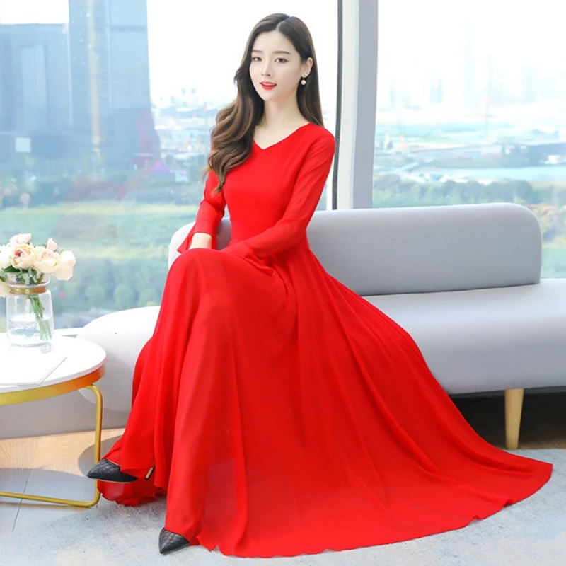 

Шифоновое однотонное платье Super fairy, женское весеннее тонкое Свободное длинное платье большого размера с V-образным вырезом и длинными рукав...