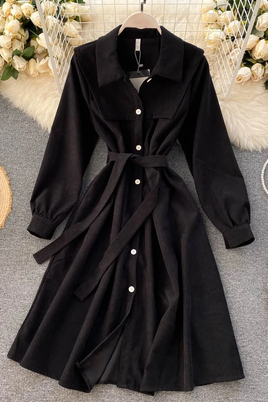 

2021 Autumn Winter Vintage Solid Single Breasted Turndown Collar Dress Puff Sleeve Button High Waist Women Dresses