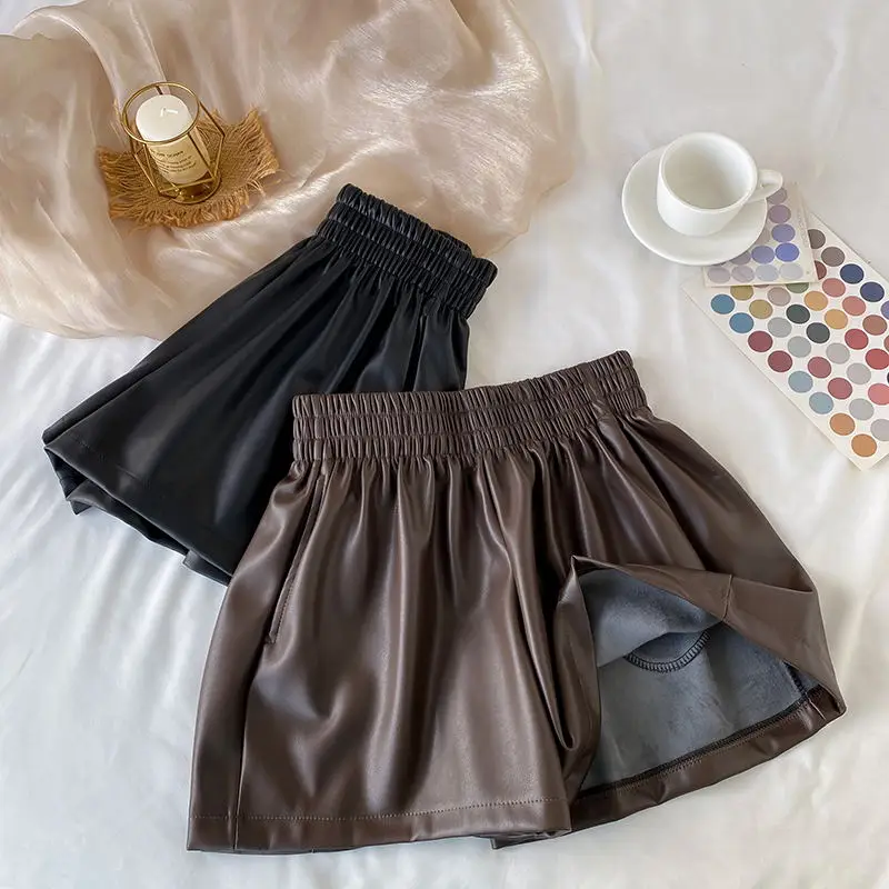 

Korean Style Spring Fall Fashion Women Solid Color Elastic Waist Black Coffee Pu Shorts Artificial Leather Student Casual Capris