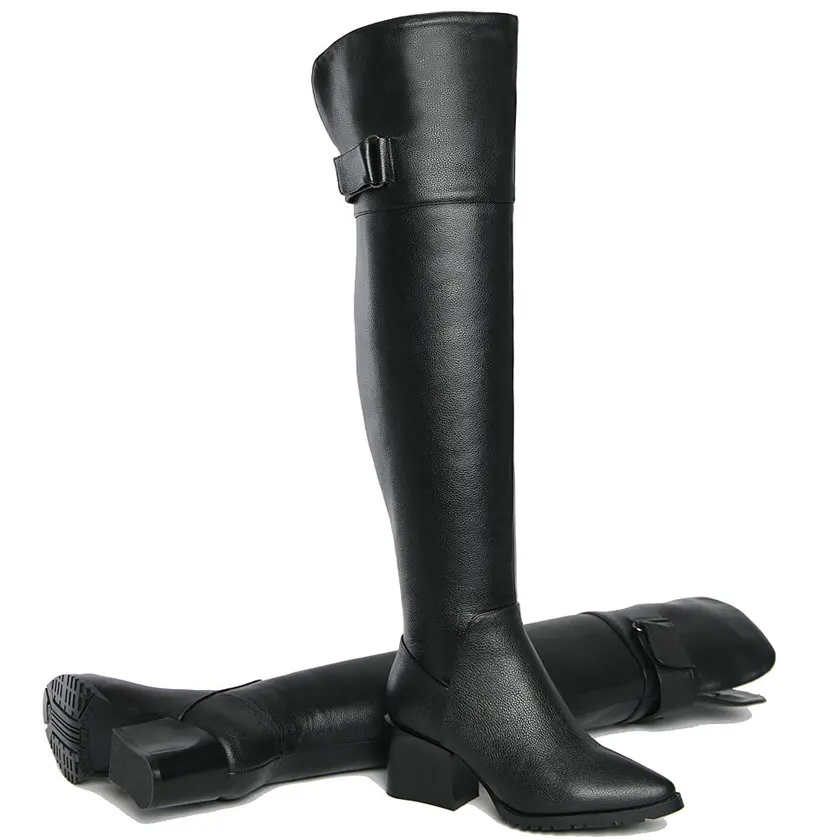 

New Women Black Genuine Leather Block High Heels Over The Knee High Boots Female Winter Warm Pointed Toe Thigh High Pumps Shoes