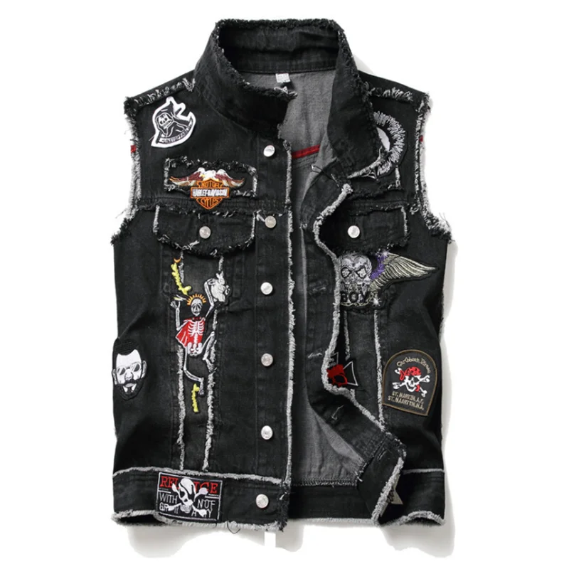 

New spring and autumn streetwear vest trend men's washed black embroidered eagle head male hip-hop denim jacket