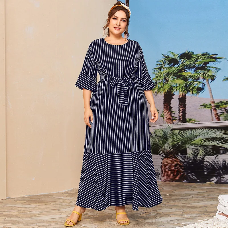 

Plus Size Dress Summer Women 2020 Fashion Three Quarter Sleeve Striped Print Casual Dress Black Ruffles Maxi Long Dresses