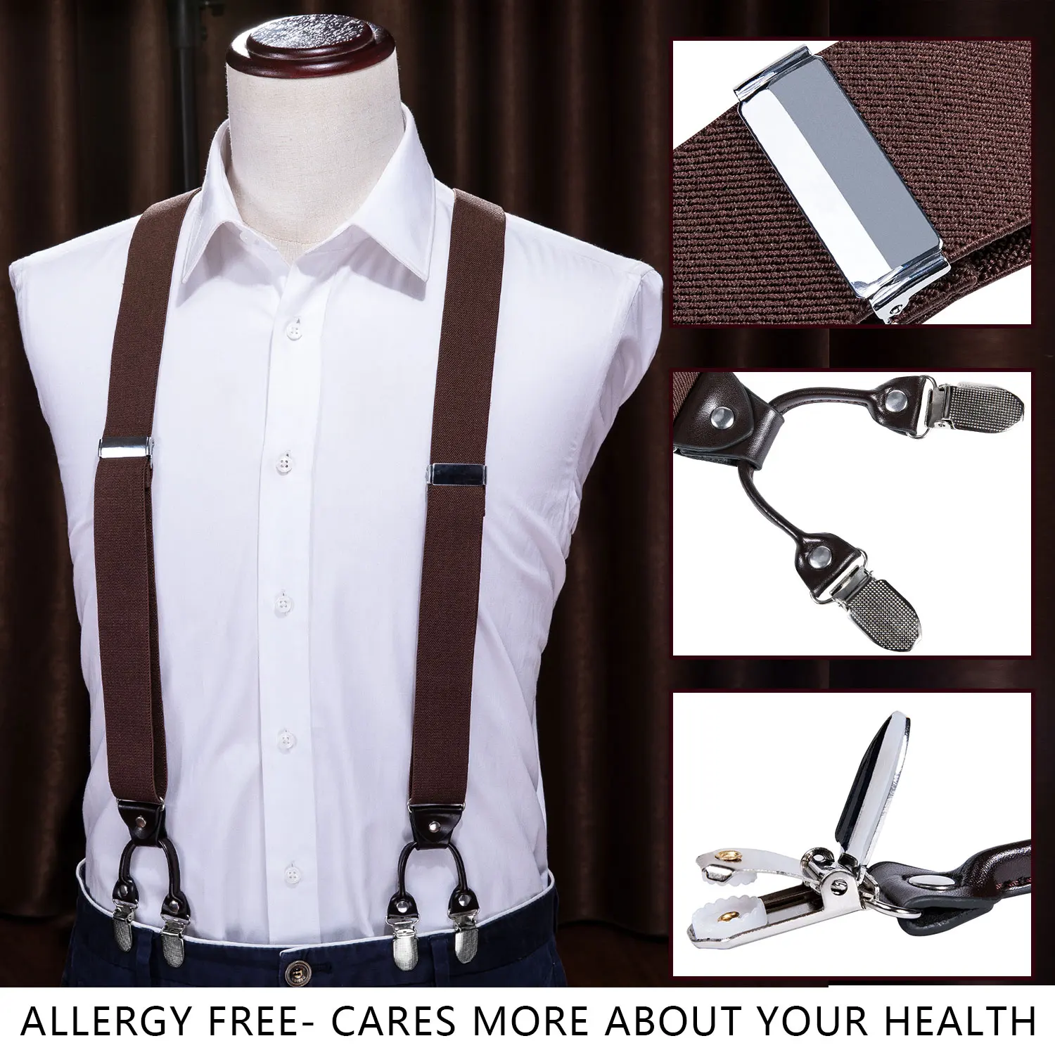 Однотонные коричневые мужские подтяжки набор с галстуком-бабочкой красным