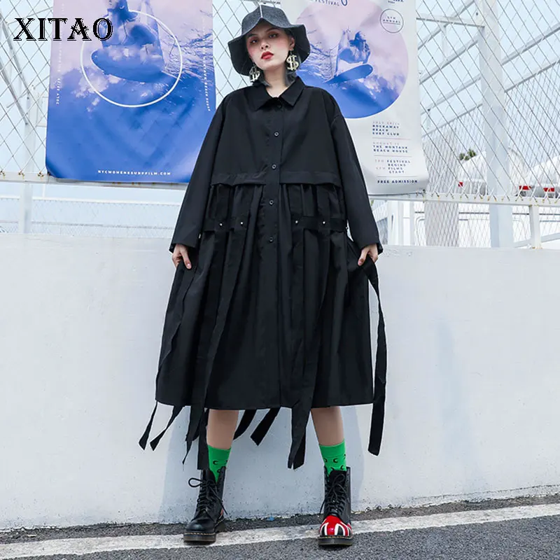 XITAO Плиссированное черное миди платье Женская мода 2019 осень отложной воротник с