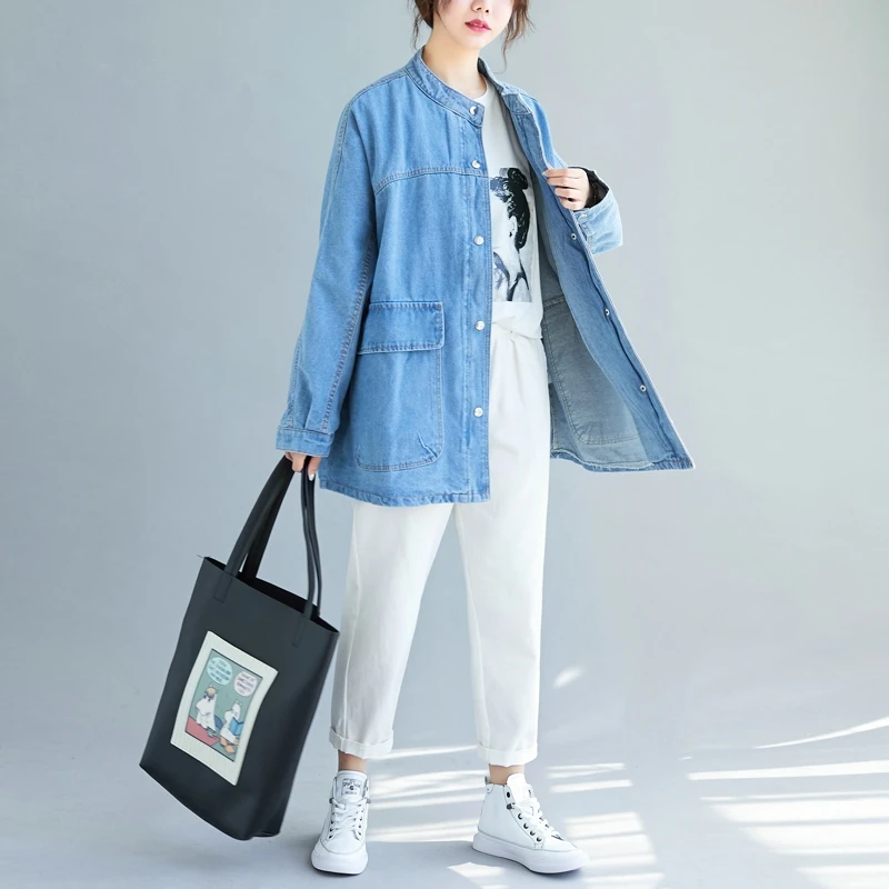 

2021 Spring Autumn Plus Size Women's Korean Denim Jacket Casual Loose Casual Mid-Length Stand-Up Collar Outerwear Female Tops